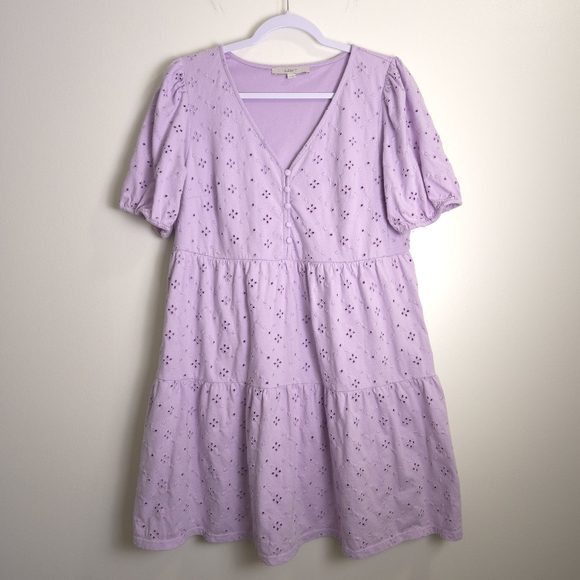 LOFT Eyelet Embroidered Puff Sleeve Button Tiered Purple Swing Dress M - Picture 2 of 10